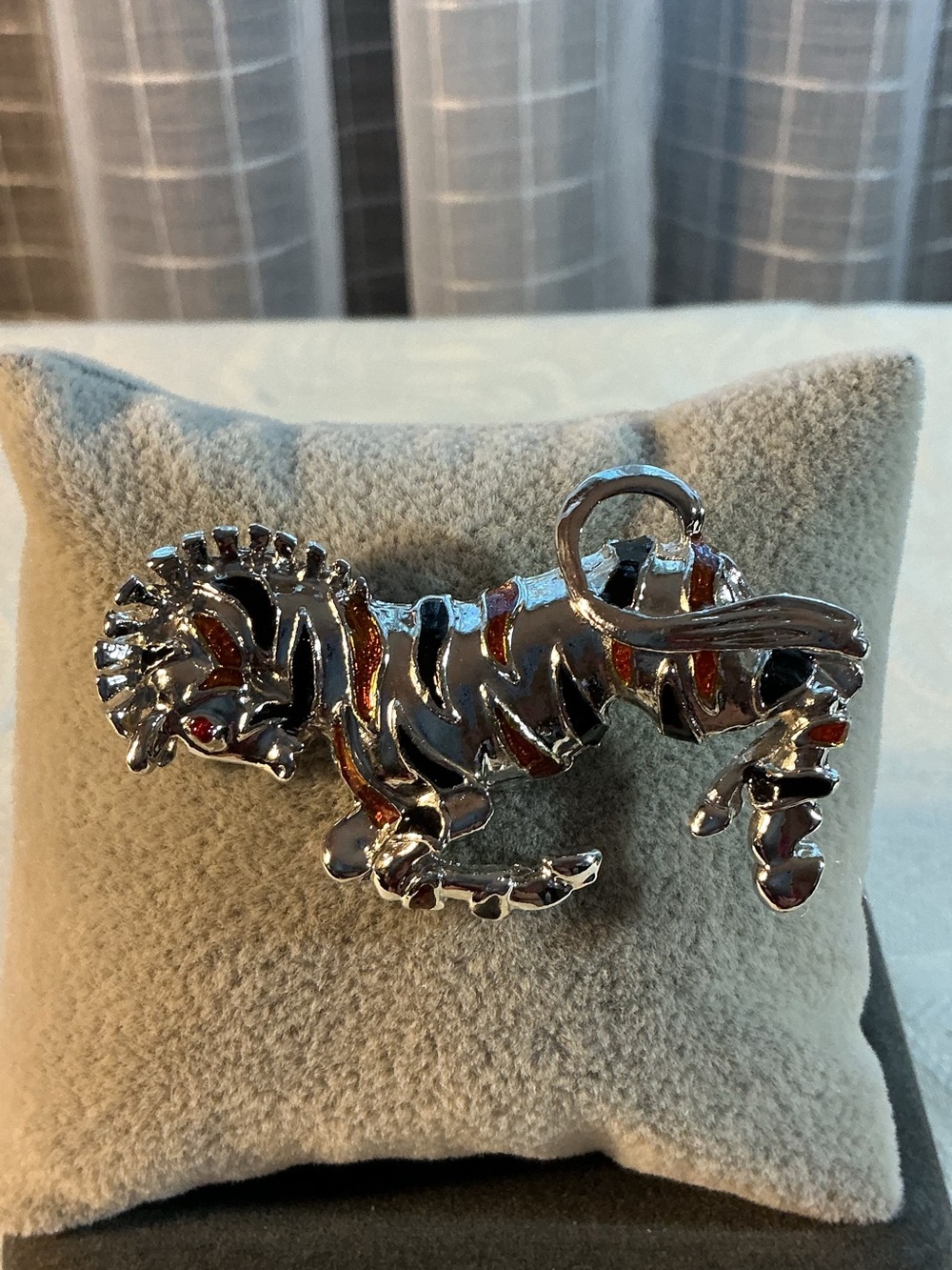 Enamel Leaping Tiger Silver Tone Brooch Pin